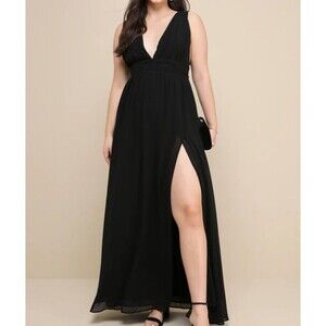 Lulus Women's M Heavenly Hues Black Maxi Dress Formal Plunge V-Neck High Slit